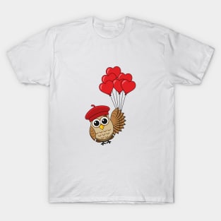 Cute Owl Flying with Heart Balloons T-Shirt